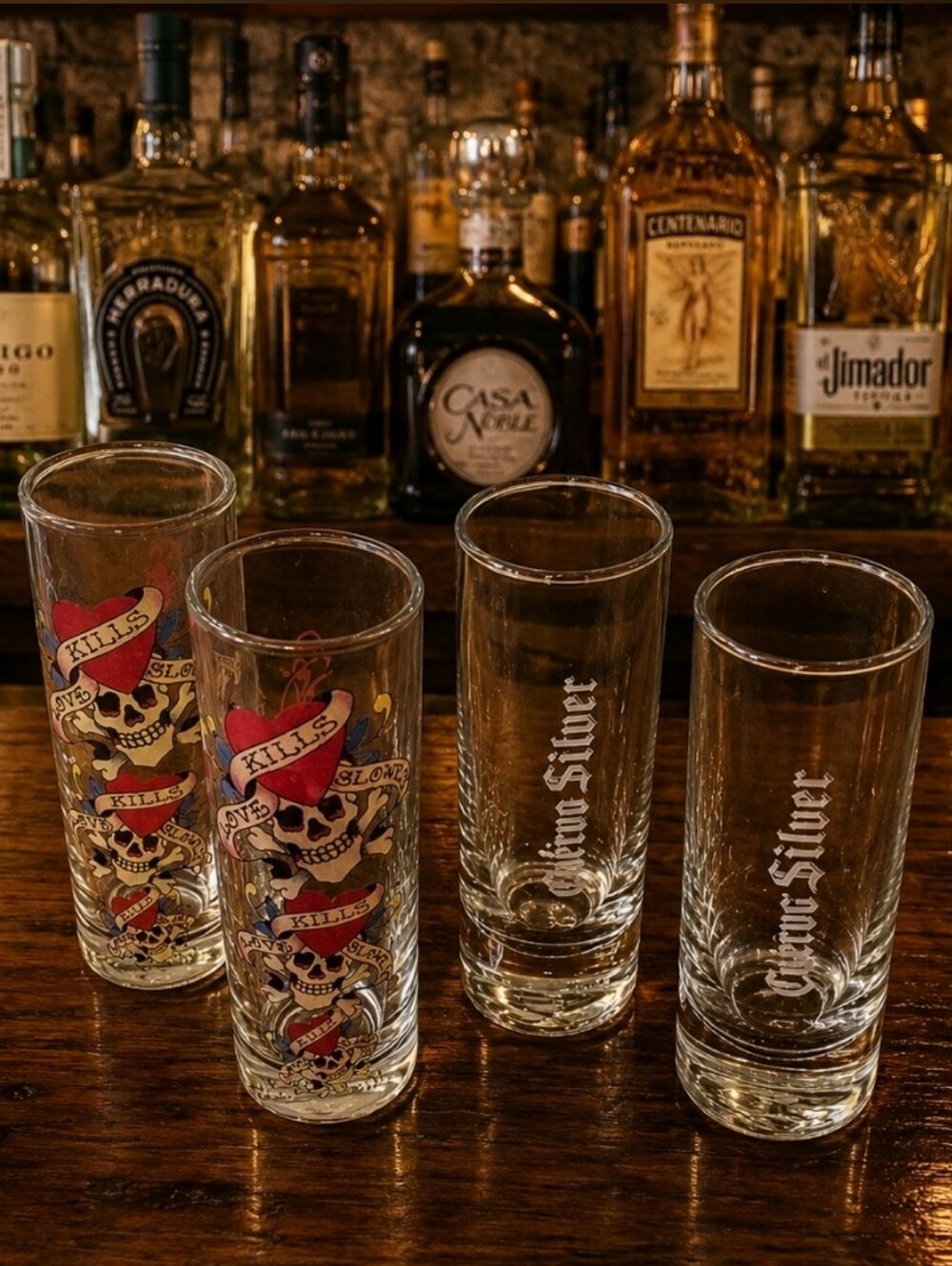 Set of 4 Tequila Shot Glasses Glass Cuervo Silver Ed Hardy Party Shots Celebrate